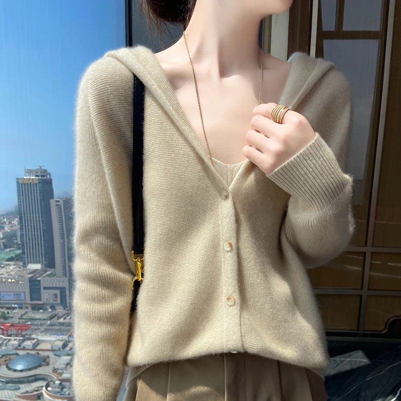 Neu 2025 Damen-Strickjacke, 100 % Kaschmir-Pullover, Frühling und Sommer, dünne Ausgabe, langärmelig, gestrickt, Kapuzenpullover, kurzer Mantel