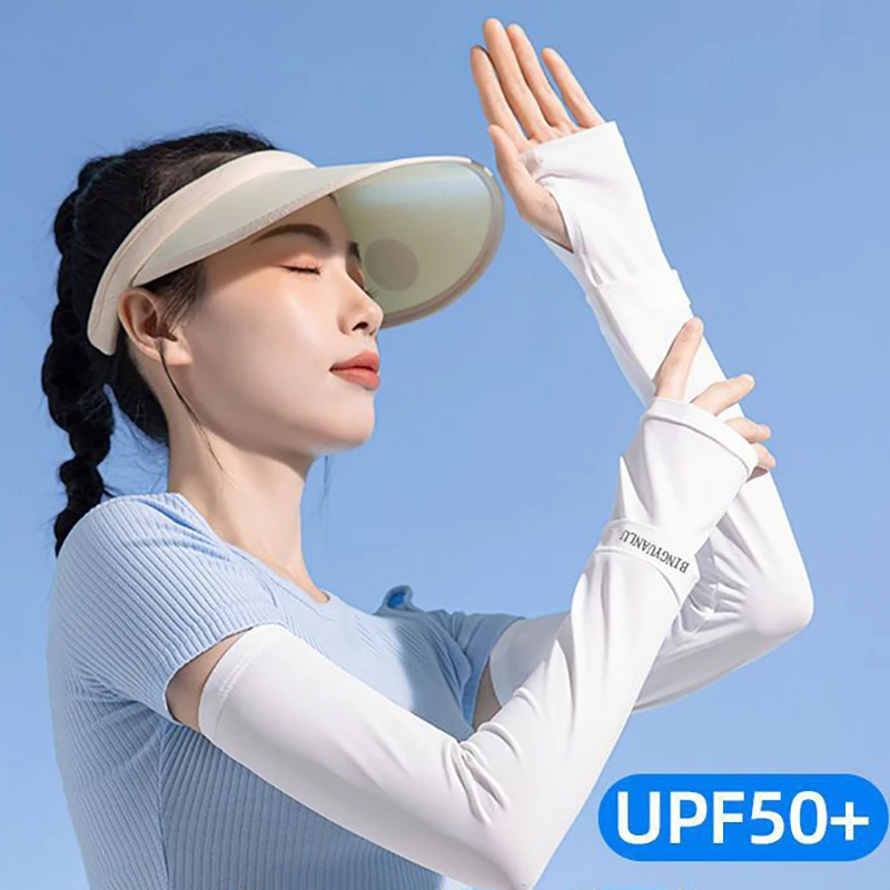 Ice Silk Sleeves Women Summer Sun Protection Men Fishing Cycling Breathable Two-Finger Non-Slip Gloves Arm Warmer Driving Sleeve