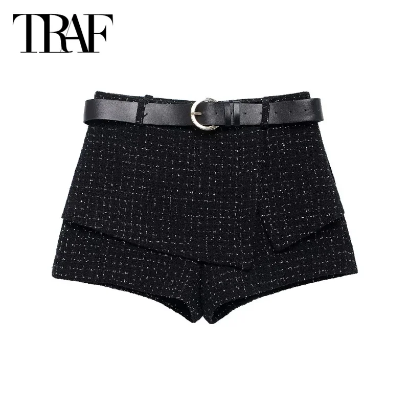 TRAF Women 2024 Textured Belt Skirt Shorts Summer Autumn Elegant Mid Waist Short Skirt Pants Ladies Casual Office Black Shorts