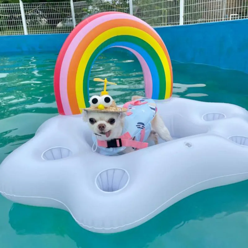 Summer Swimming Pool Dog Supplies Rainbow Cloud Cup Seat Dog Swimming Ring Cola Beer Drink Inflatable Water Ice Bar