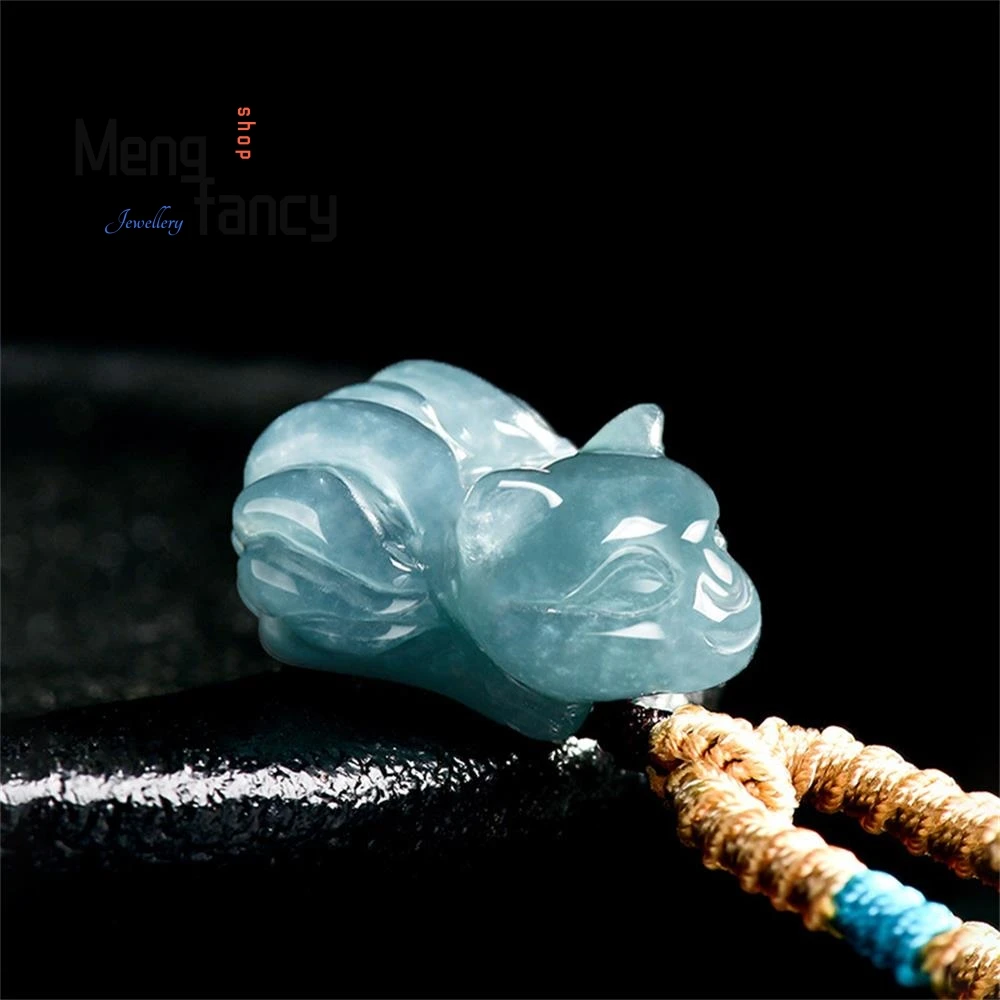 

Natural A-grade Jadeite Blue Water Three-dimensional Carved Nine-tailed Fox Ice Type Jade Pendant is Very Cute Exquisite Jewelry