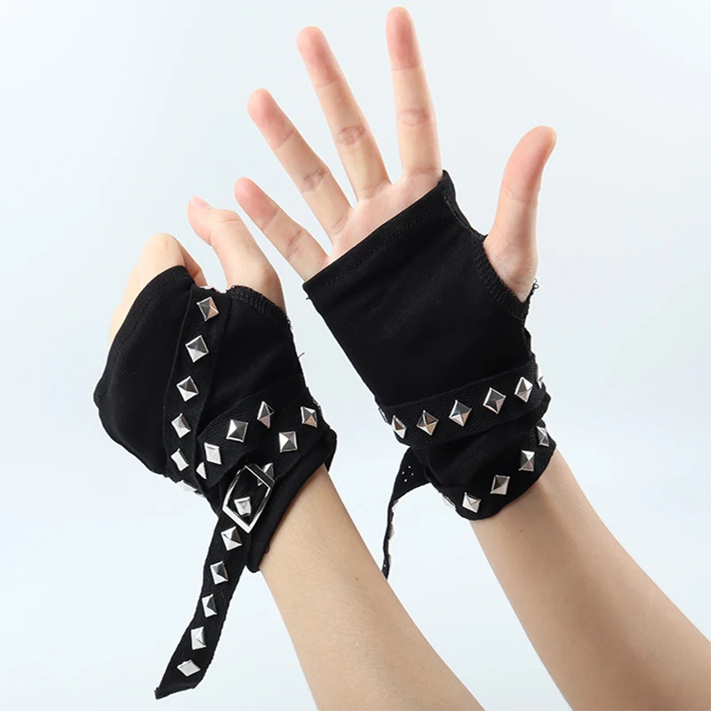 أسود برشام سلسلة قفازات للجنسين Y2K حزام فتاة كم غطاء اليد المراهقات الهيب هوب غطاء للذراع قفازات القيادة اكسسوارات #6