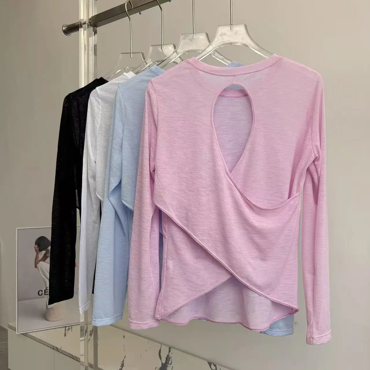 

Women's Long-Sleeved Pilates Fitness Top Loose Sports Cover Shirt Beautiful Back Cross Yoga Outerwear