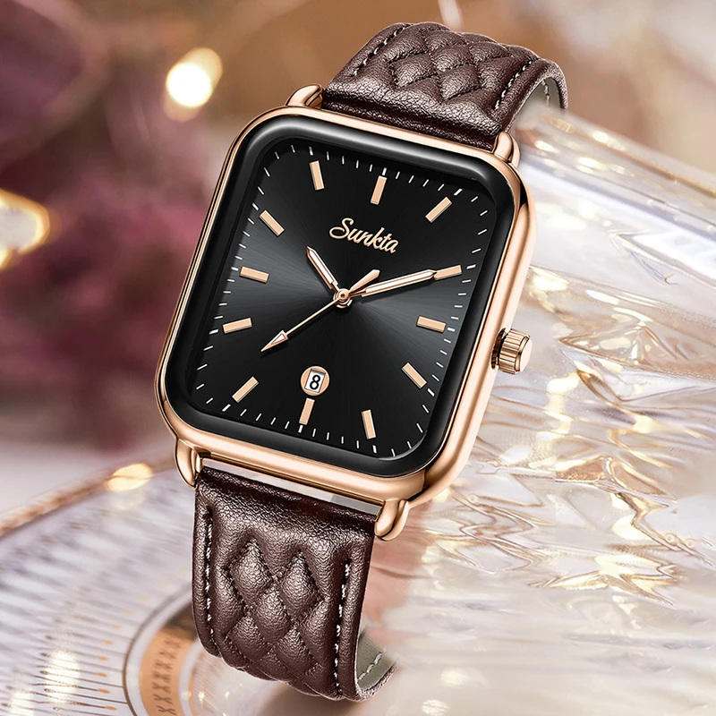 New Fashion Sunkta Elegant Luxury Women's Wristwatch Retro Auto Date Leather Strap Clock Casual Sport Waterproof Woman Watch+Box