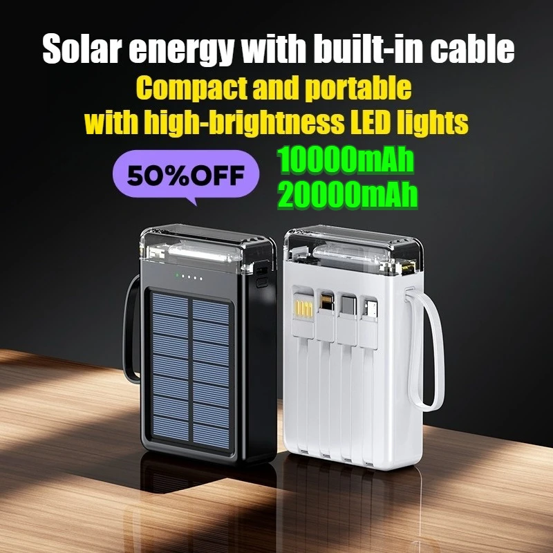 20000mAh Solar Power Bank with Built-in Cables Compact & Portable Camping Light Outdoor Portable Charger