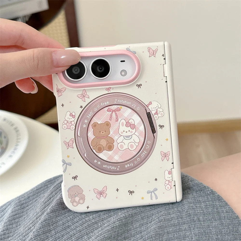 Cute Bear Rabbit Bow Butterfly Magnetic Phone Case For iPhone Duo 360°Rotatable Ring Stand Cartoon Shockproof Protective Cover