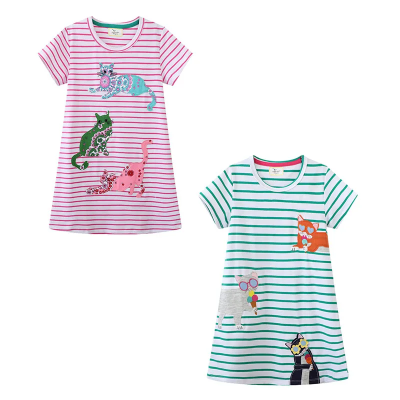 

Jumping Meters 2-7T Summer Girls Dresses Striped Cats Applique Hot Selling Children's Clothes Short Sleeve Kids Frocks