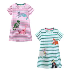 Jumping Meters 2-7T Summer Girls Dresses Striped Cats Applique Hot Selling Children's Clothes Short Sleeve Kids Frocks