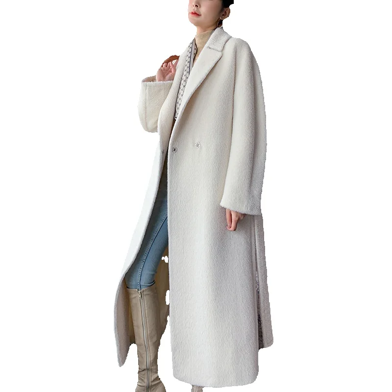 High Quality Suli Alpaca Sweater, Women's White Suli Velvet Thickened Long Woolen Jacket