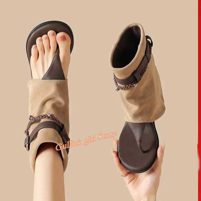 

Open Toe Flip Flop Sandal Boots Beige Suede Ankle Buckle Strap Slip On Runway 2026 Summer Women Dress Shoes Newest