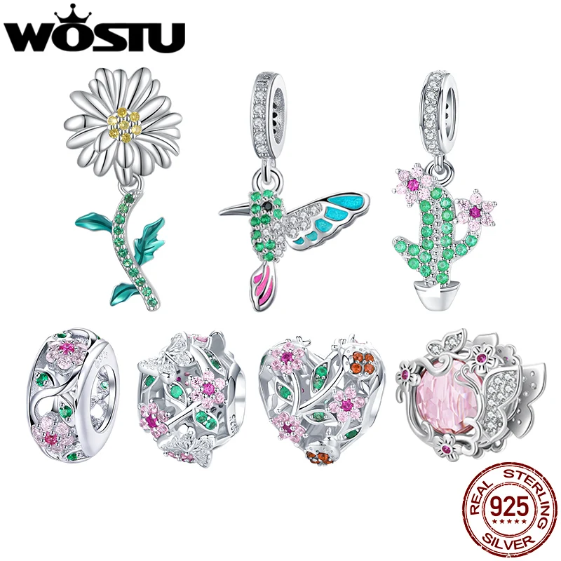 

WOSTU 925 Sterling Silver Flower Bird Charms Pendant Hollow Heart Beads Fit Original Bracelet DIY Necklace WOmen Jewelry Making