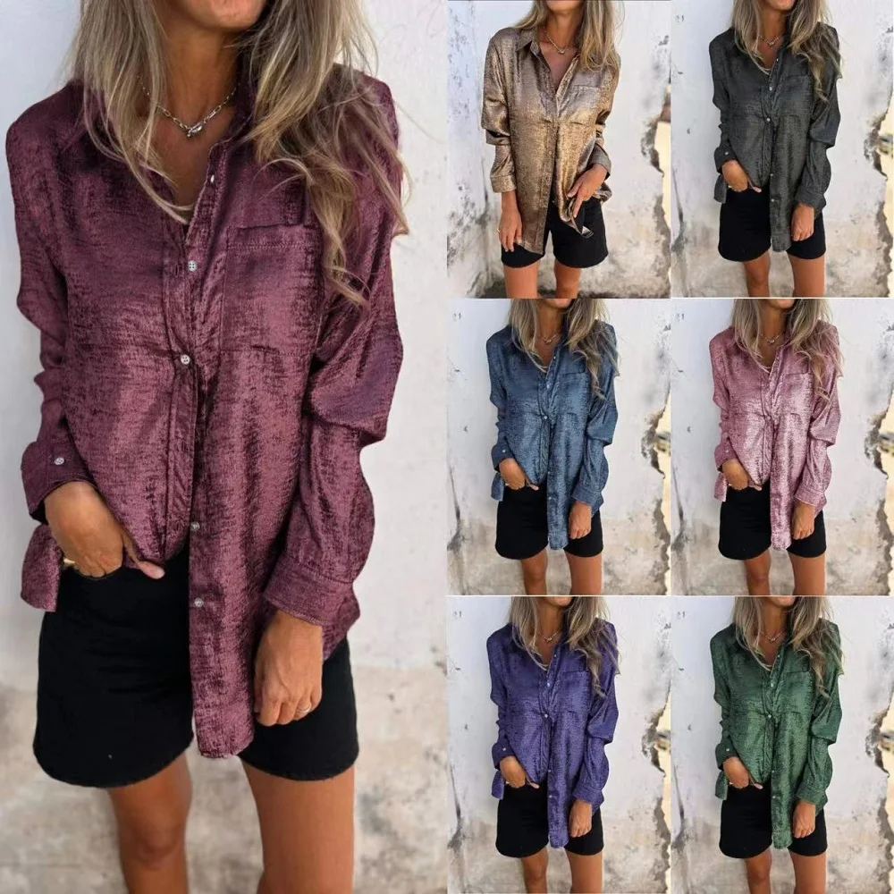 

Women Summer Blouses and Shirts Ladies Single Breated Long Sleeve Turn-down Collar Shirt Tops Casual Blusas femininas