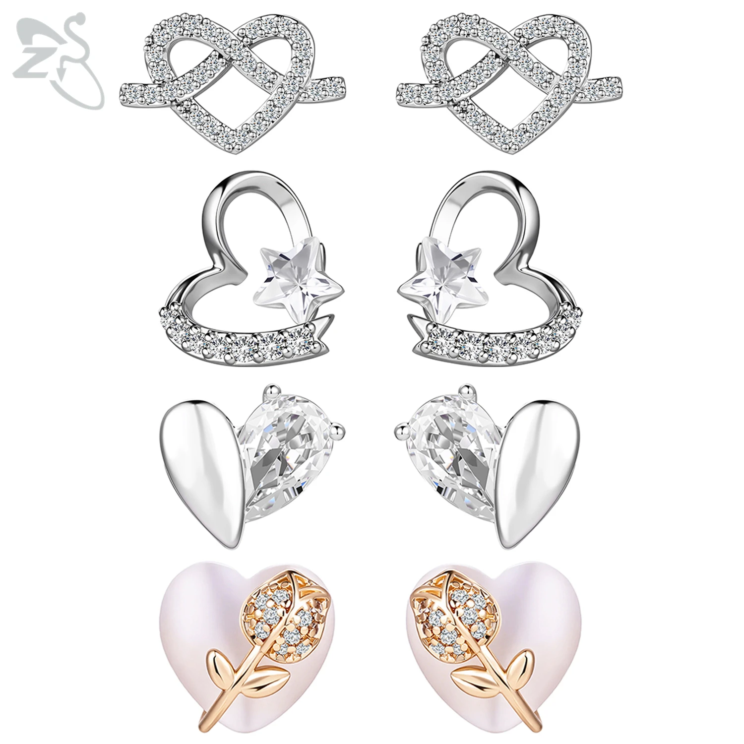 

ZS 1 Pair 925 Sterling Silver Stud Earring For Women Girls Cute Heart Ear Studs CZ Crystal Ears Helix Cartilage Piercing Jewelry
