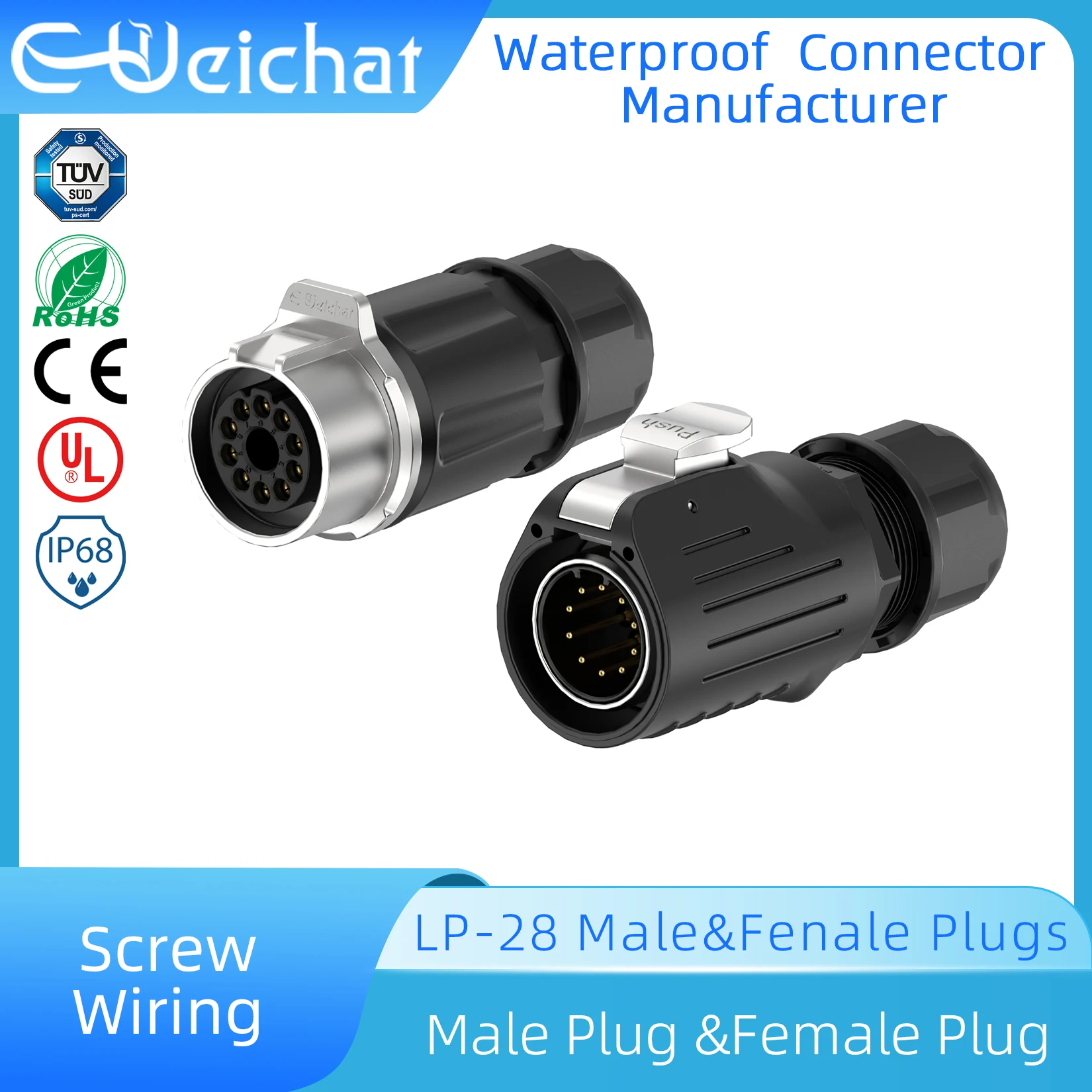

E-WeiChat EW-LP28 50A IP68 Waterproof Connector Male Female Plug Screw Lock Solderless Strong Power Electrical Cable Connector