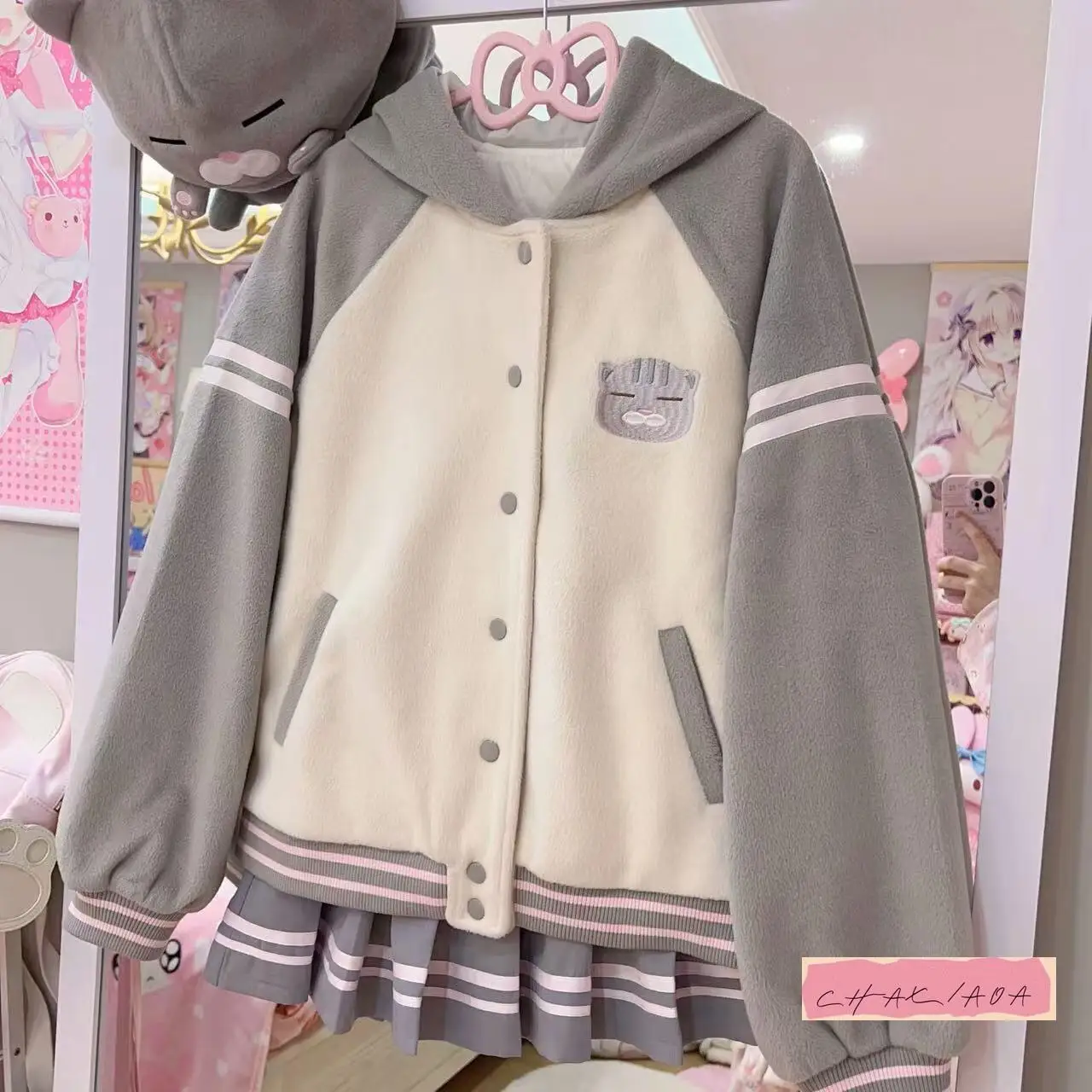 

Japanese Subculture Cartoon Printed Coat Cute Sweet Soft Waxy Spliced Baseball Jacket Womens Fashion Casual Versatile Hoodie