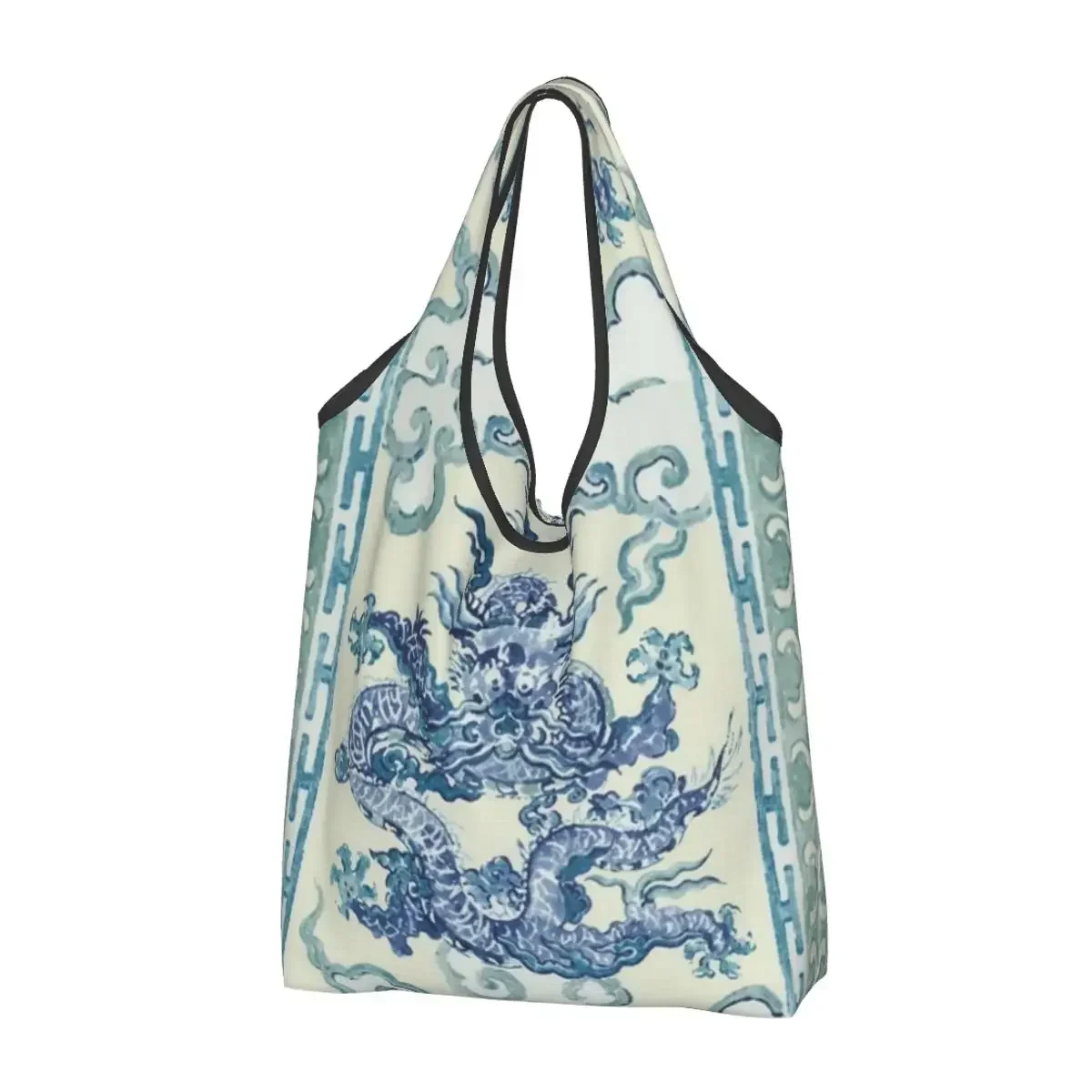 Reusable Blue Chinoiserie Enter The Dragons Shopping Bag Women Tote Bag Portable Vintage Oriental Mythical Grocery Shopper Bags