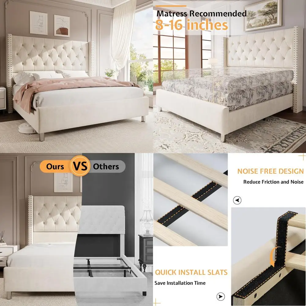 

Каркас кровати Jocisland Queen, мягкая кровать, изголовье с перекладиной спинкой, бархатная тафтинговая ромбовидная пуговица/без коробчатой пружины/простая сборка/крем