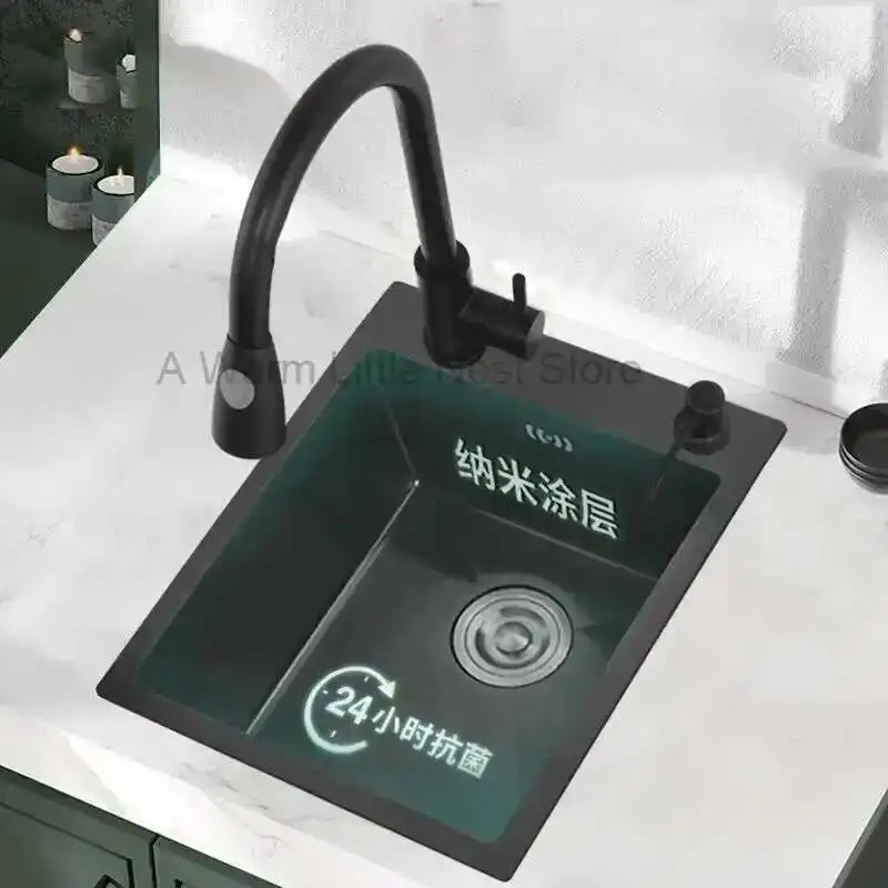 

304 Stainless Steel Kitchen Sinks Bar Balcony Mini Sink Single Tank Black Nano Kitchen Accessories Thicken Wash Basin Small Sink