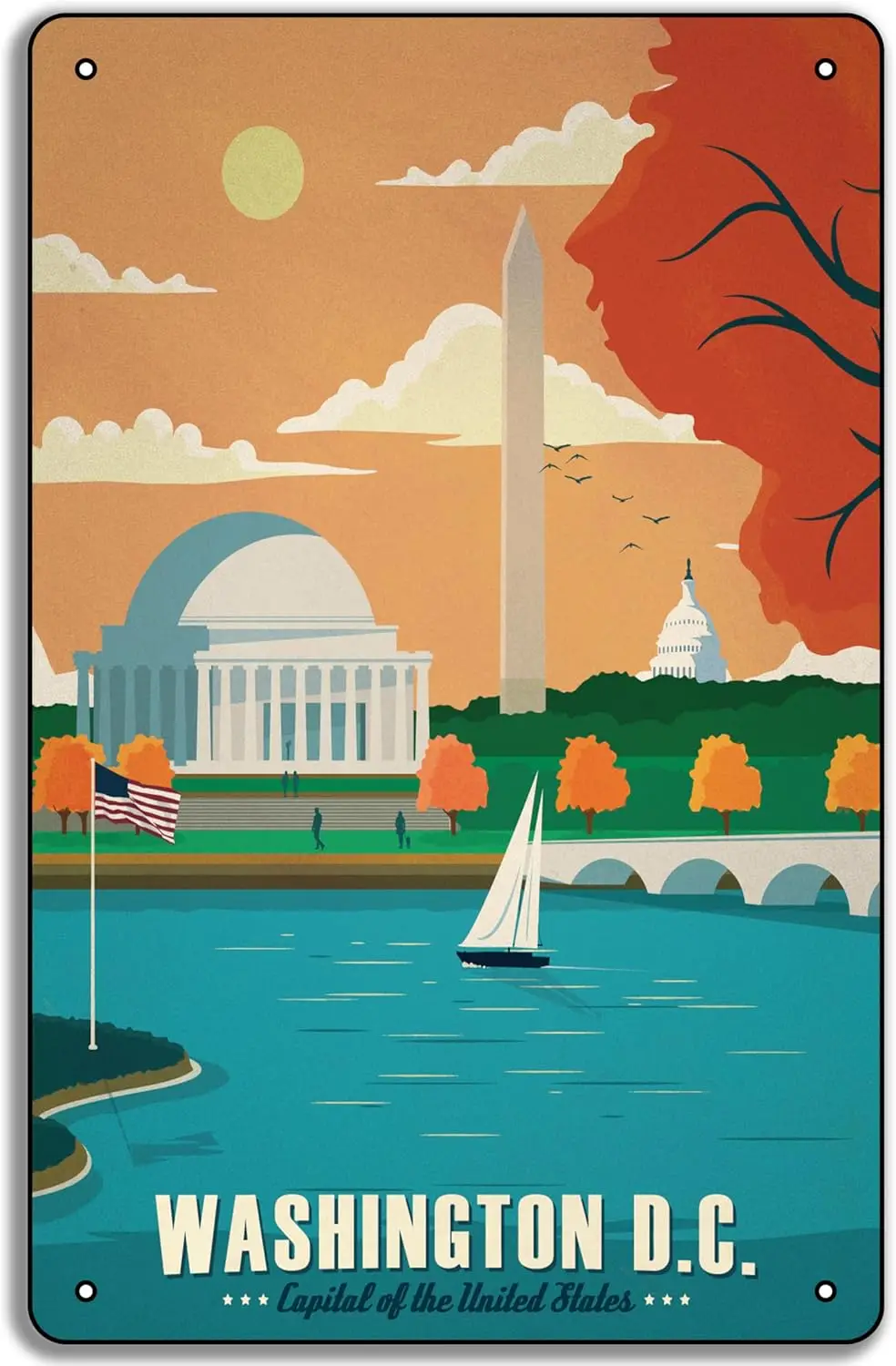 Washington D.C. Vintage Travel Poster Metal Tin Sign  – Retro Art, U.S. Capital Landmarks, Décor