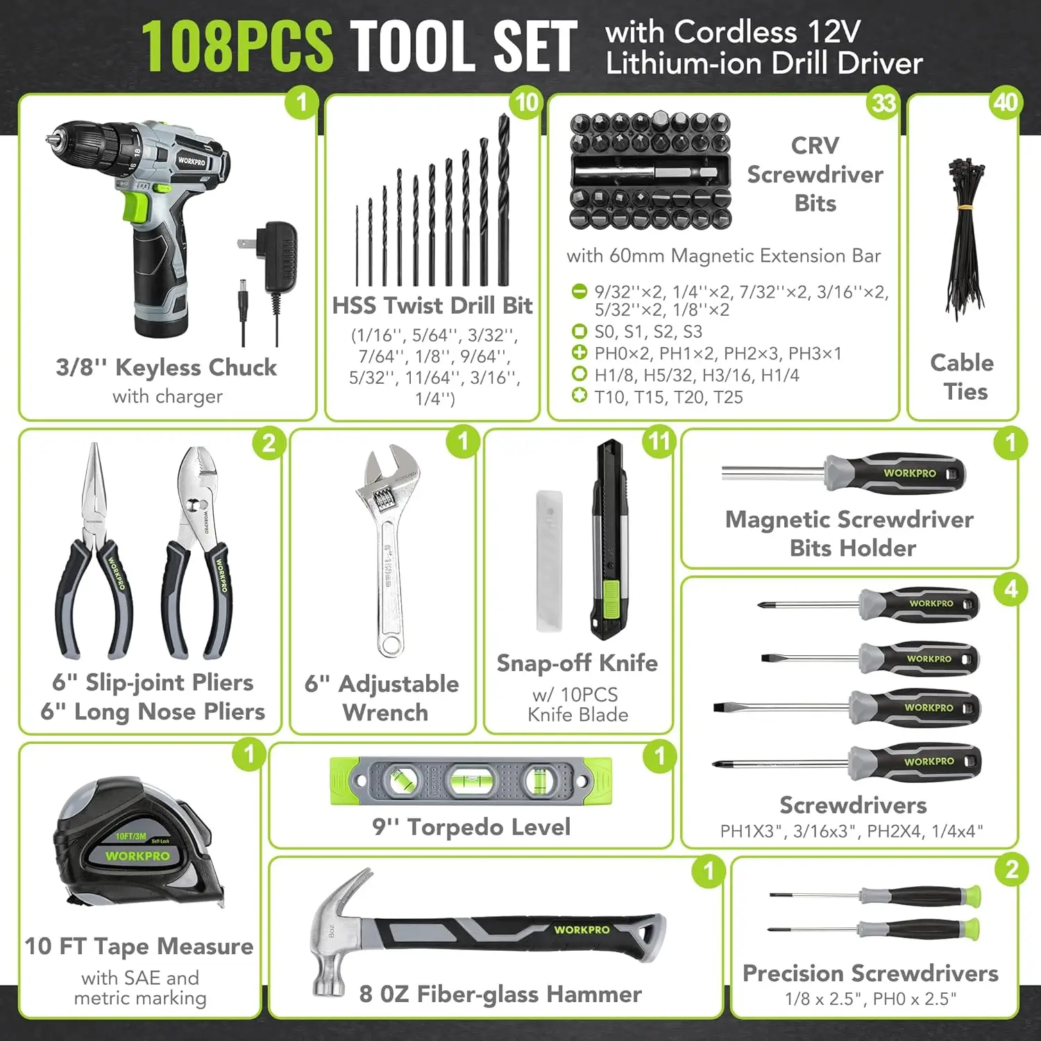 مجموعة أدوات الحفر اللاسلكية مكونة من 108 قطعة مع بطارية 12 فولت، وسرعة متغيرة وظرف بدون مفتاح لمشاريع المنزل اليدوي