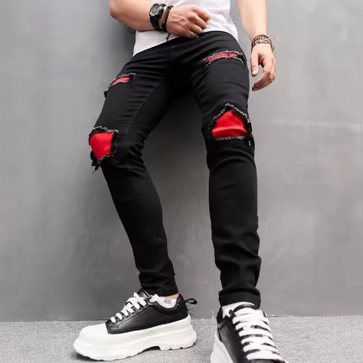 

Men's Tight Fit Torn Hole Jeans Red Patch Casual Cotton Straight Leg Standard Fit Spring 2025 Chinese Production