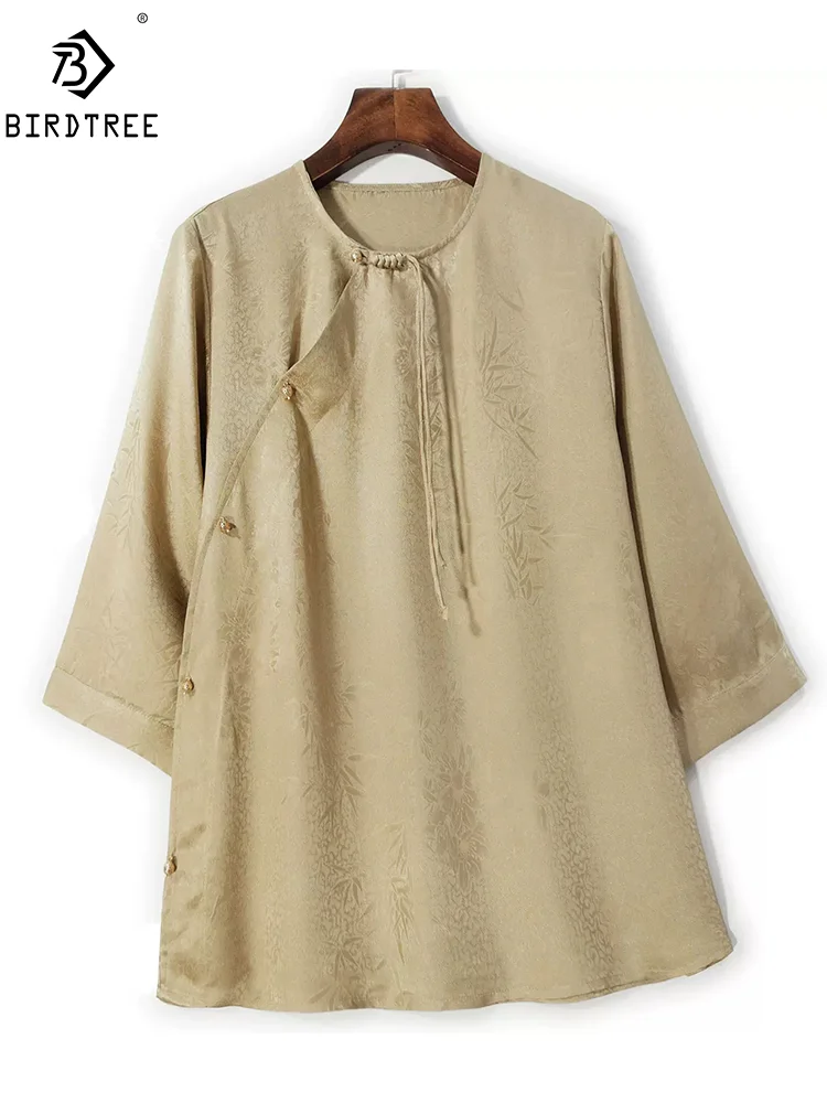 BirdTree Real Silk Chinese Style Shirts, Women Half Sleeve Jacquard, Elegant Retro OL Blouses, 2024 Spring Summer New T44786QM