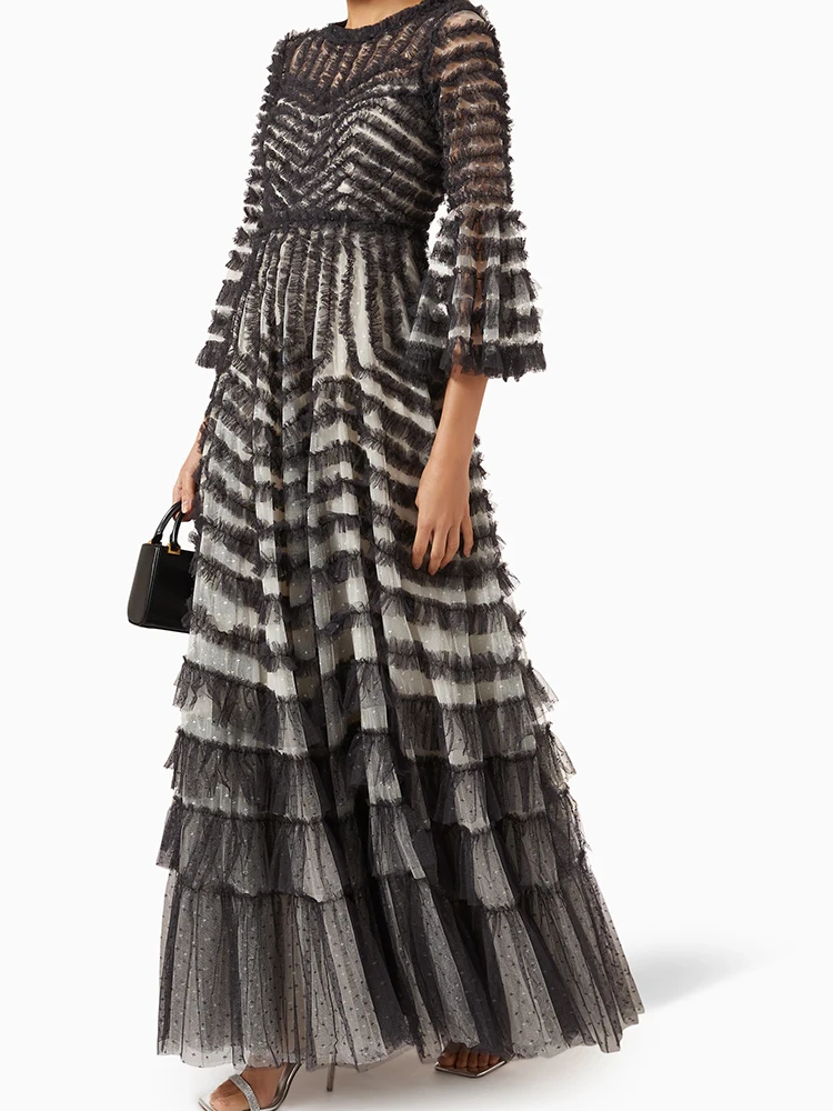 Chicago gespleißt Patchwork Mesh Kleider für Frauen Rundhals ausschnitt Flare Ärmel hohe Taille Herbst lässig locker eine Linie Kleid weiblich neu