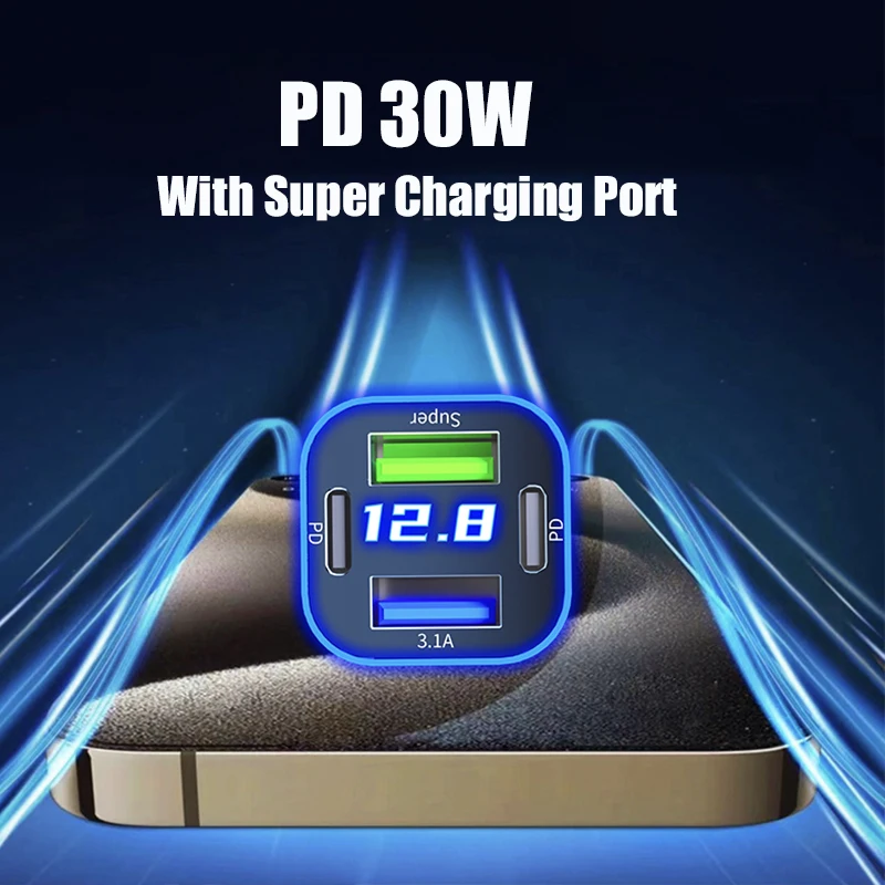 USB C Car Charger Adapter Dual PD 4 in 1  with LED Voltage Monitor Super Fast Charge for iPhone Samsung Oneplus Huawei Vivo OPPO