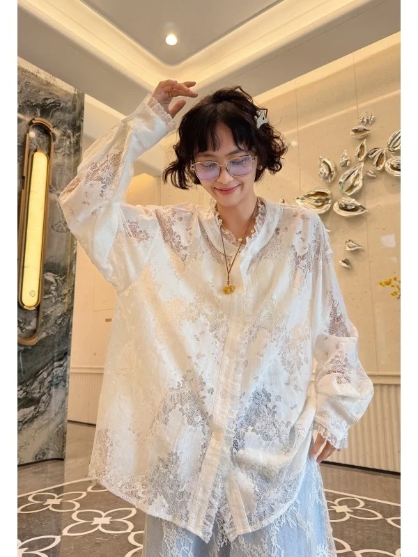 

plus Size Fairy Lace Shirt Women's Loose Fit Long Sleeve round Neck Cotton Blend Nylon Fabric Resistant to Deformation