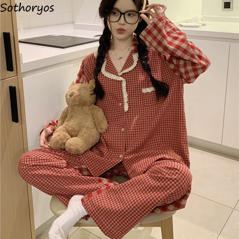 Red Plaid Pajama Sets Women Spring Autumn Sweet Home Casual Long Sleeve Sleepwear Korean Fashion All-match Vintage Clothing Soft