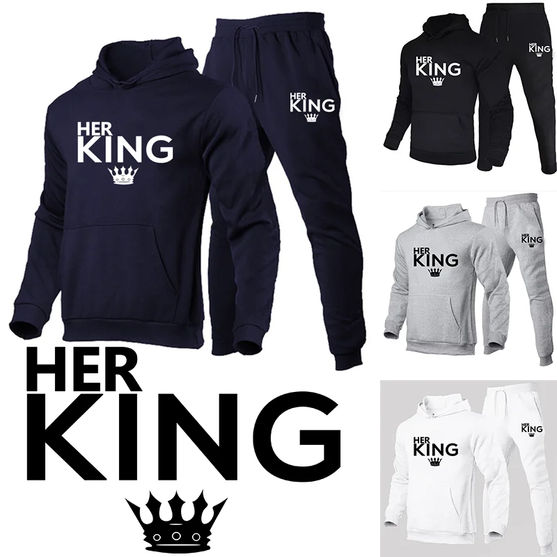 

Autumn and winter men's two-piece long-sleeved sports hooded sweater + jogging pants suit casual fashion king print sportswear
