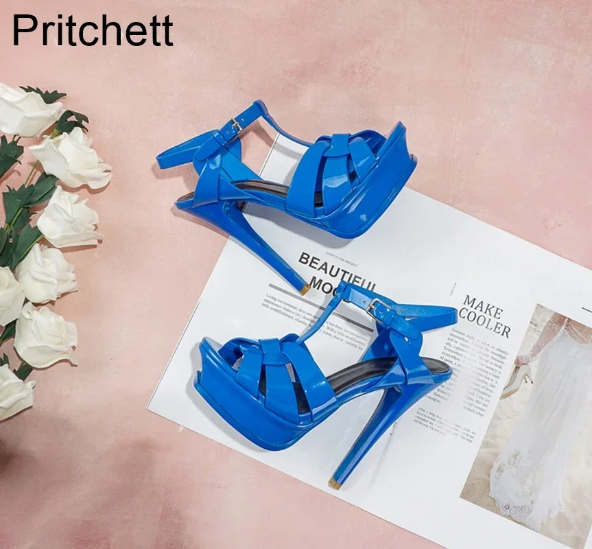 Black Leather Cowhide Super High-heel Fish Mouth Shoes Waterproof Platform Buckle Sandals Luxury Banquet Fashion Women's Shoes image 2
