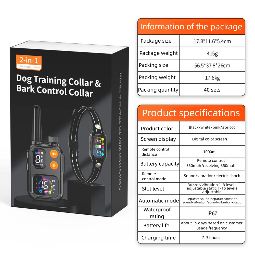Dog Training Bark Collar 2.1 Charging IP67 Waterproof Plastic Long Distance Two Way Communication Remote Control MT-21
