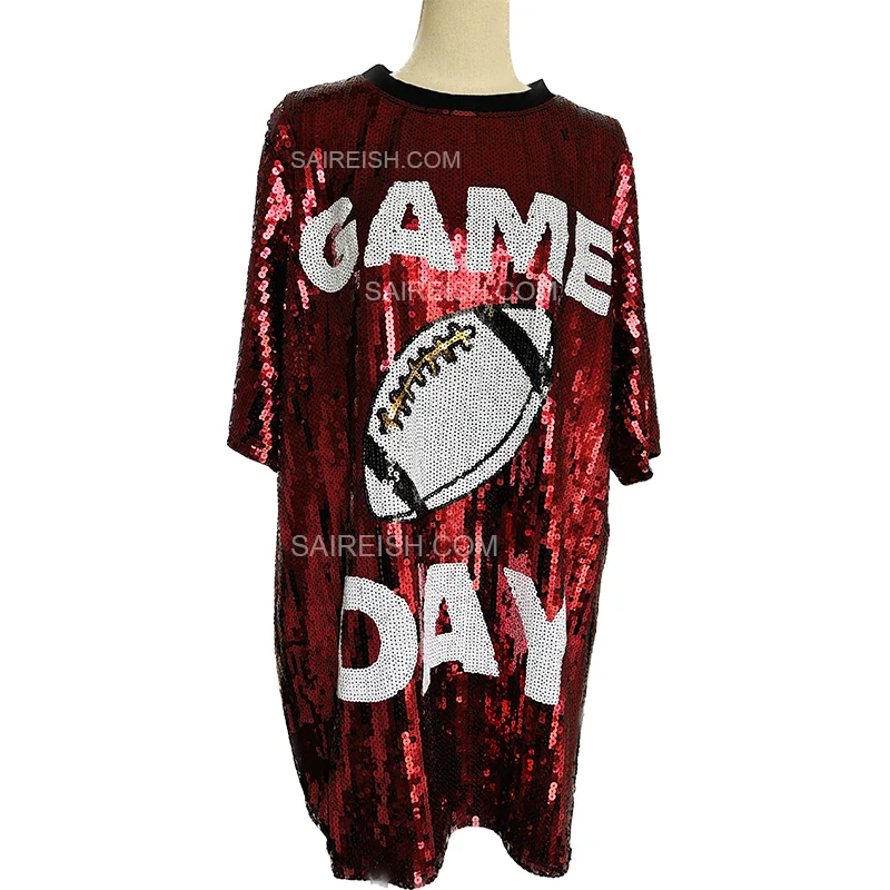 Dark Red Wine Game Day Sequin Shirt Dress