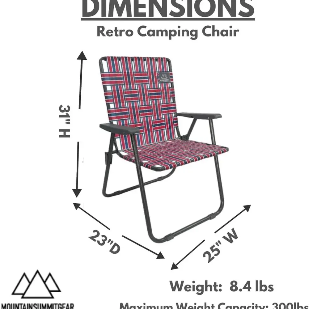 Retro Webbed Camping Chair - Lightweight, Foldable, Durable Steel Frame, 300lb Capacity, Vintage Red/Blue Stripes by Caddis Spor