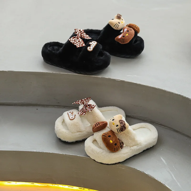 

Kids' Slippers House Slipper Cotton Open Toe Cat Winter Shoes For Girls Warm Anti-slip Soft Bottom White Black Shoes Size 26-37