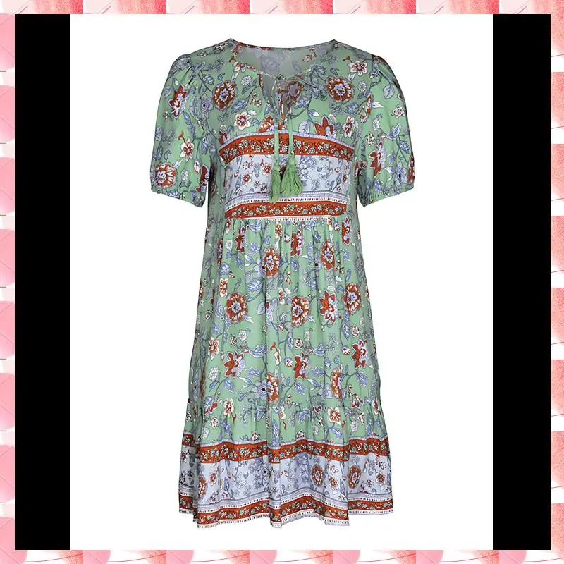ผู้หญิงสบายๆ-ชุดฤดูร้อน Boho V คอแขนสั้น Babydoll พิมพ์ลายดอกไม้ Flowy Beach Dress