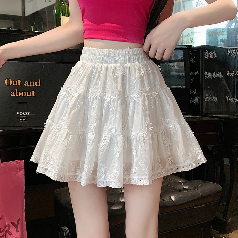 

2025 New Summer Women High Waist Slim Mini Skirt High Quality Embroidery 3D Flowers Decoration White A-Line Safety Short Skirt