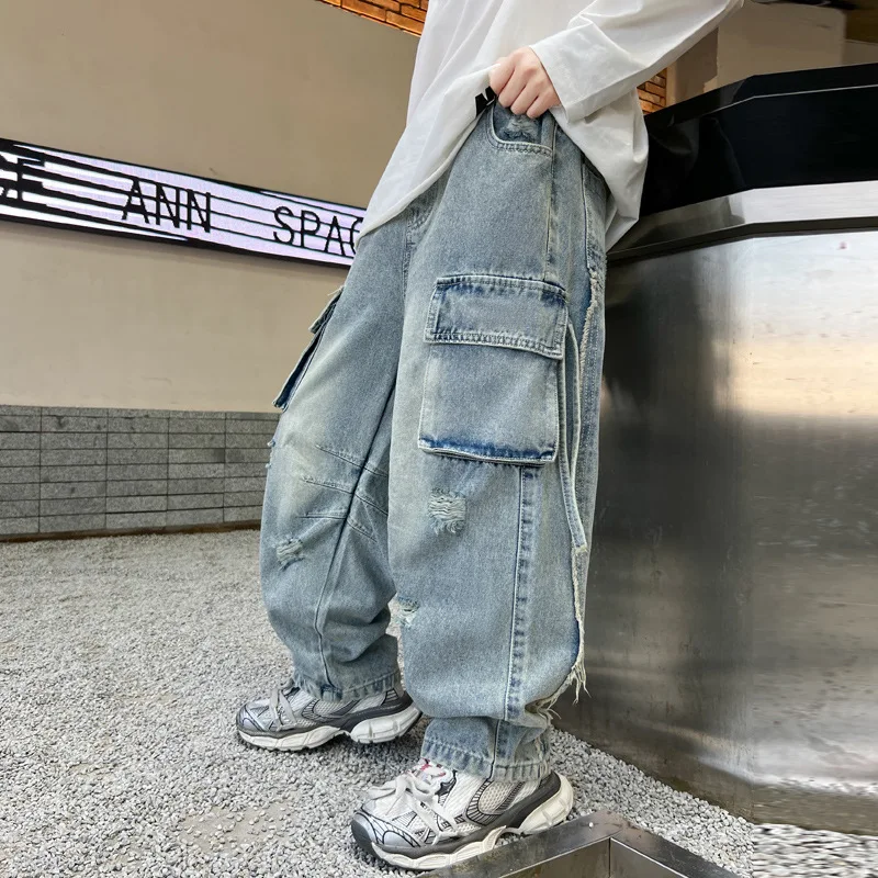 Children Jeans Fashion Patchwork Big Boys Jeans Cotton comfortable Teen Trousers Wear Children Denim Cargo Pants 5-15 Years