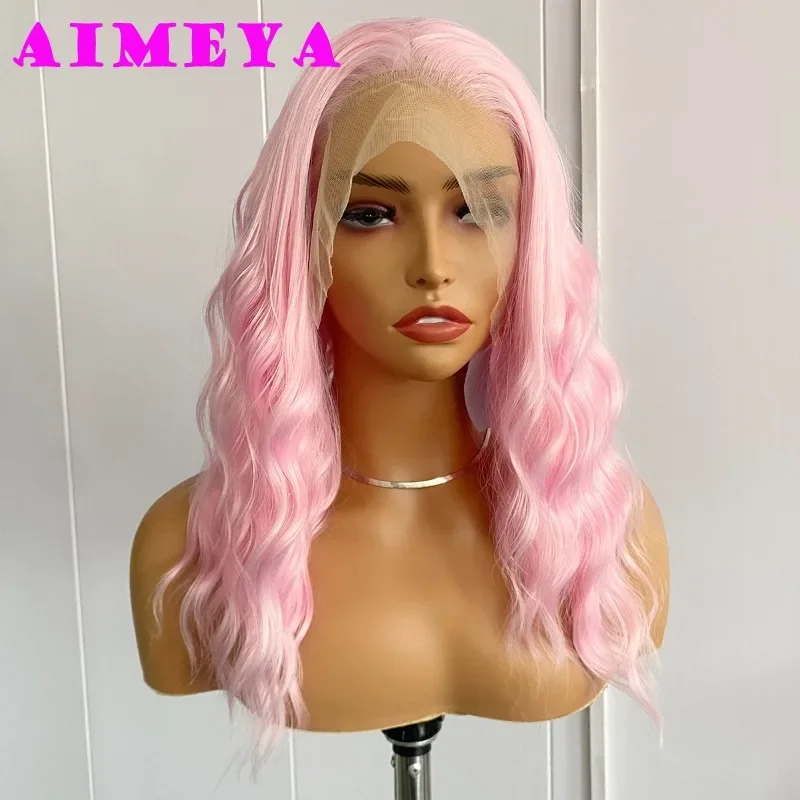 AIMEYA Short Pink Wig 13x4 Synthetic Lace Front Wig for Women Short Body Wave Natural Hairline Daily Wear Cosplay Wigs Costume