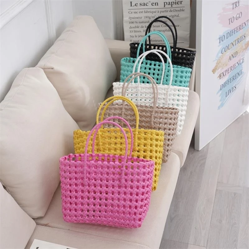 Women\'s Woven Hollow Out Bags Vegetable Basket Summer Fashion PVC Handbag Hand Woven Bag Patchwork Striped Tote Beach Bags