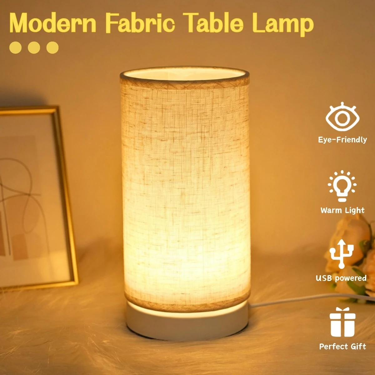 Luminária de Mesa Redonda Moderna e Minimalista em Tecido, Luz Quente Sem Cintilação, Compacta e Elegante, Decoração para Quarto
