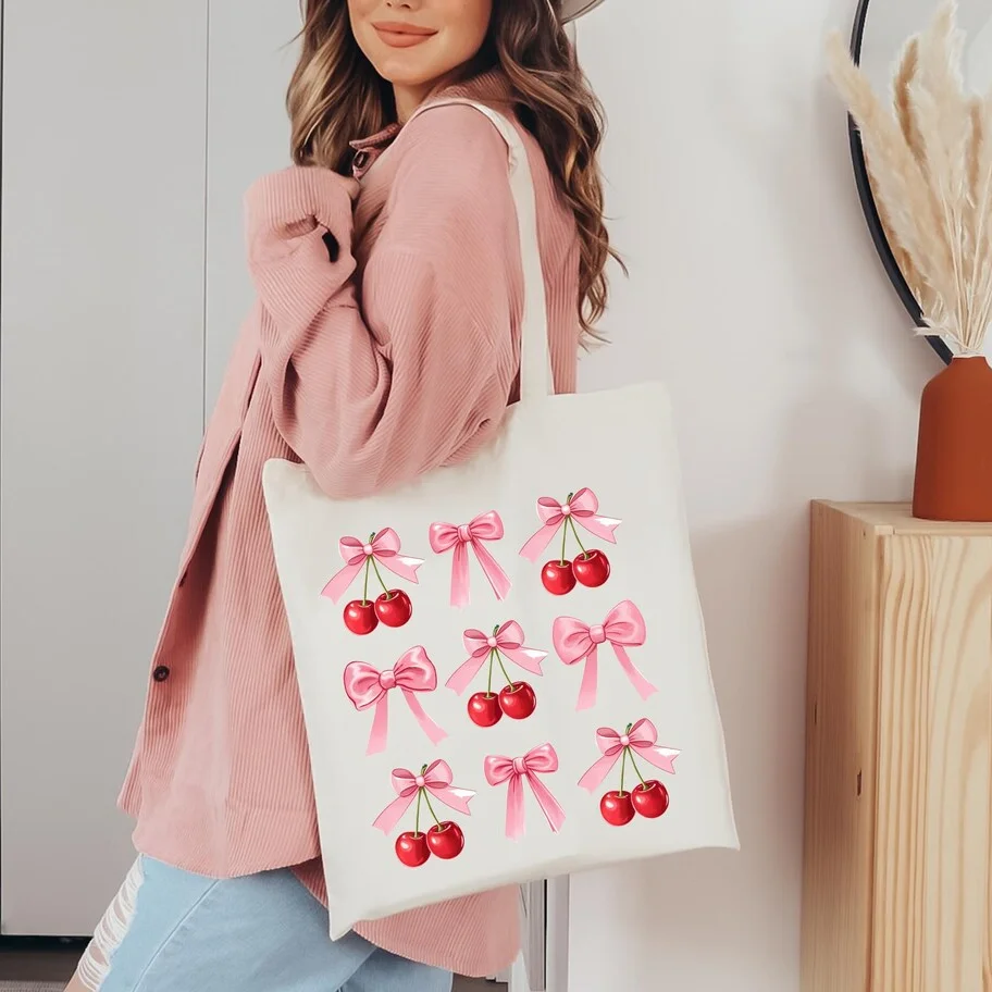 

Black Canvas Tote Bag Realistic Cherry Print Eco-Friendly Reusable Shoulder Bag for Fruit Lovers Students School &Everyday Carry