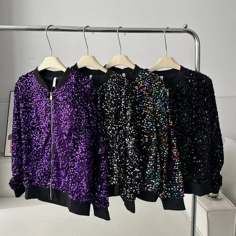 Damen Schwarze Pailletten-Bomberjacke Funkelnde Strass-Kurzjacke Glitzer-Blazer für Party Ausgehen Schicke Clubwear-Jacke Oberteile – Detail 11