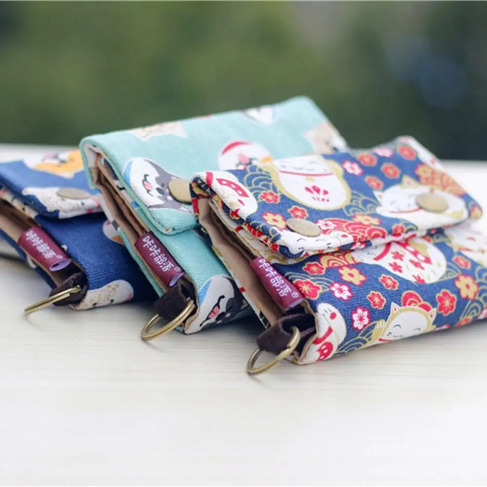 

Portable Canvas Coin Purse Print Lucky Cat Maneki Neko Wallet Three Fold Korean Style Zipper Short Wallet Student