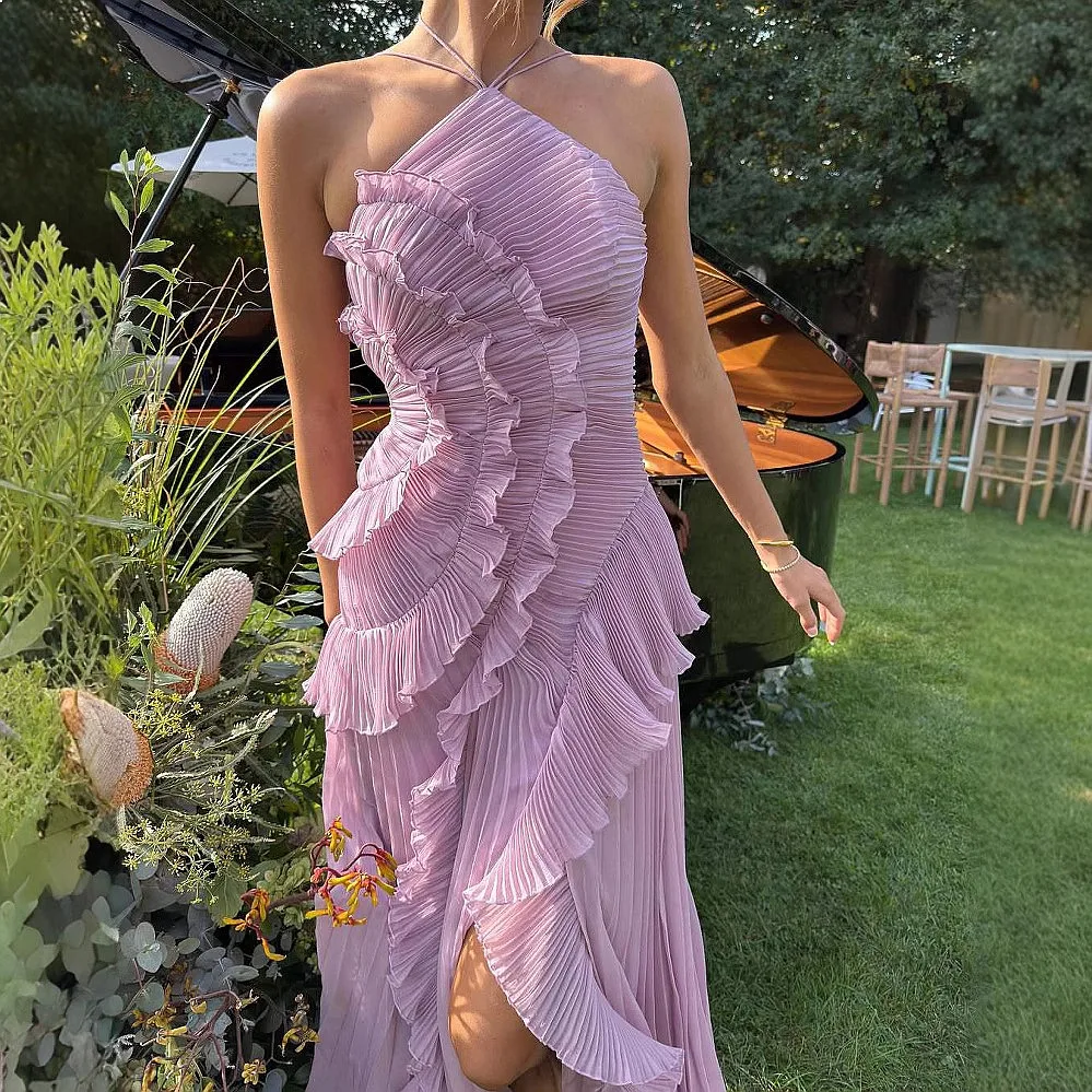 

Crosshalter Chiffon Dress for Women Ruffle Pleated Slimming Midi Dresses Spring Summer Elegant Matching Set