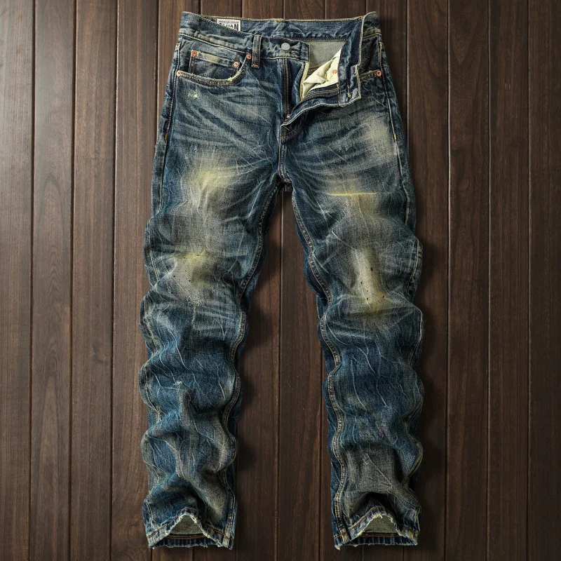 

Men's Trendy Streetwear Heavyweight Vintage Jeans, Washed Distressed Craft, American Style Straight Leg Denim Pants