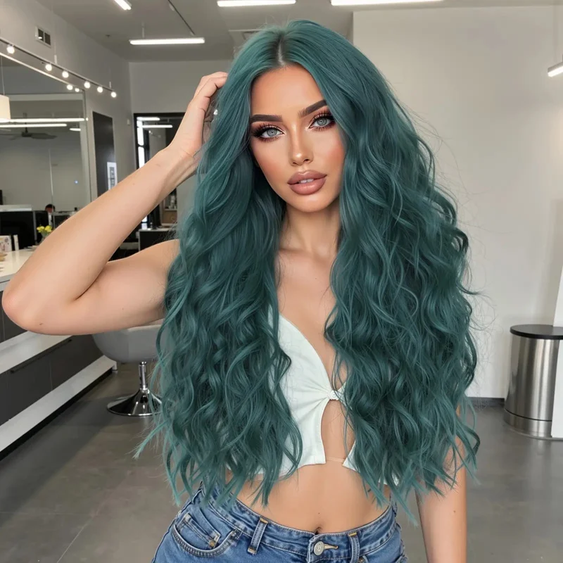 

[Вьющиеся парики] 28-дюймовые вьющиеся волнистые синтетические парики для женщин | Черновато-зеленый повседневный косплей для вечеринок, термостойкое волокно с рекламой