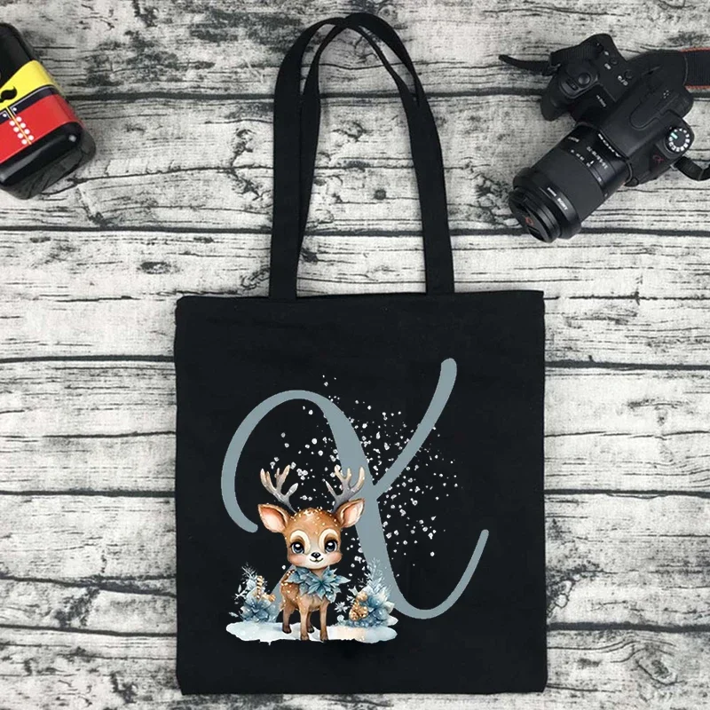 Kawaii Elk Pattern Canvas Tote Bag Merry Christmas Xmas Shopping Bags Initial Totes Reusable & Foldable Ladies Books Handbag