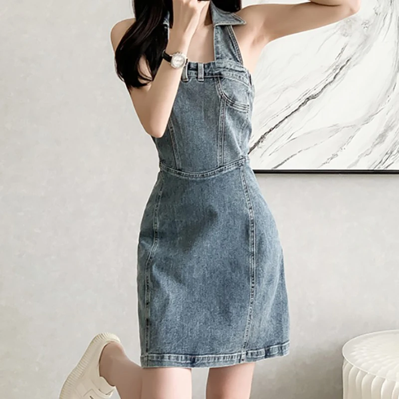 EVNISI Summer Sexy Halter Women Denim Dress Backless High Waist Slim A-line Dresses Sweet Off Shoulder Women Party Fairy Vestido